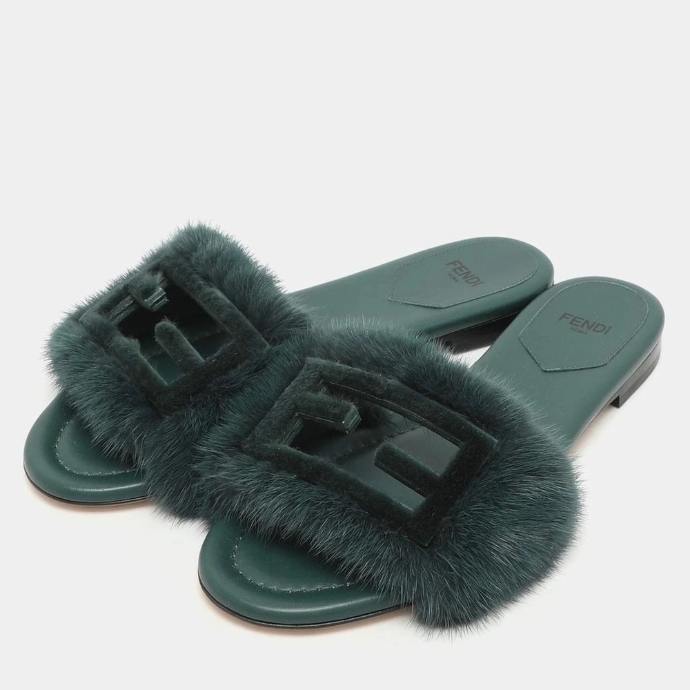 Fendi Green Mink Fur Baguette Slide Sandals